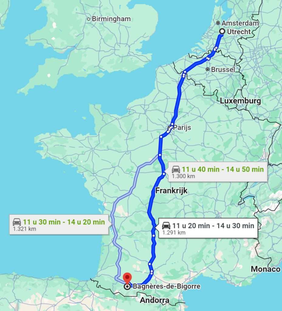 Route en afstand met de auto van Nederland naar de Pyreneeën Frankrijk