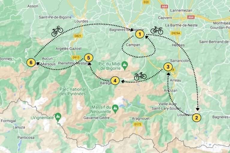 Kaart met totale route fiets safari Franse Pyreneeën