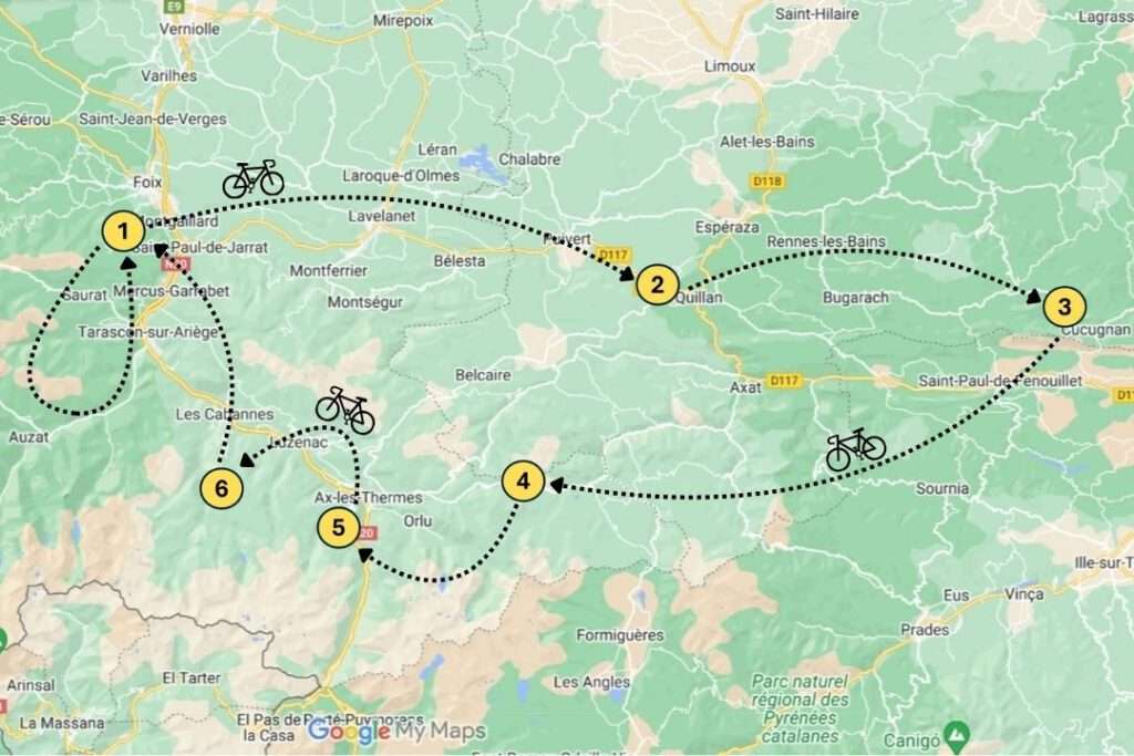 Kaart met route fiets safari oost Franse Pyreneeën